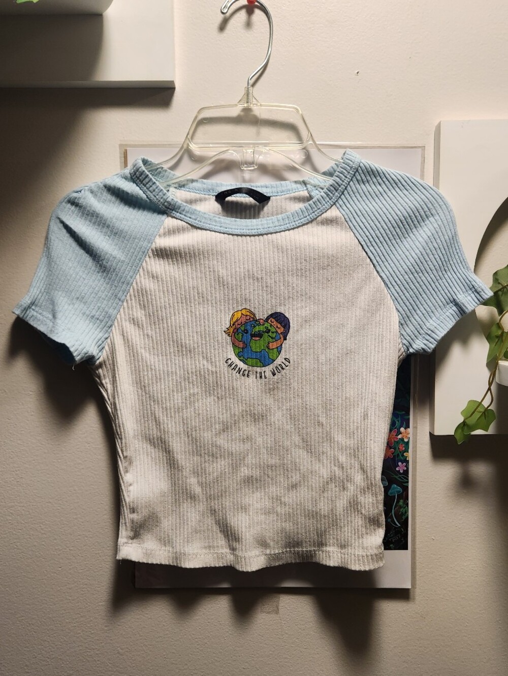 Crop Top Baby Tee "Change The World" Earth Hug Design in Blue & Green